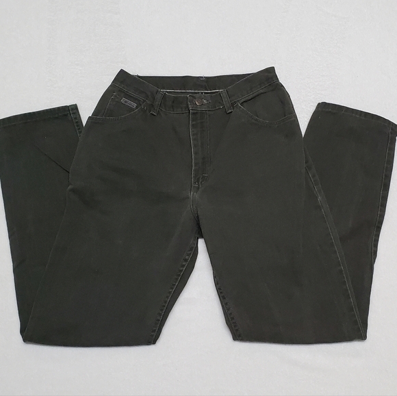 VINTAGE Wrangler Dark Olive Green Denim Jeans High Waisted Tapered Leg Cotton - Picture 4 of 11